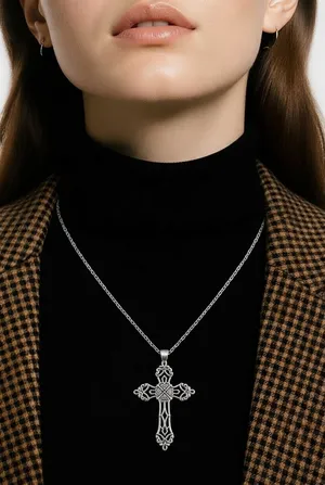 &merci Vintage/Gothic Design Cross 24” Pendant Stainless Steel Silver Necklace thumbnail 1