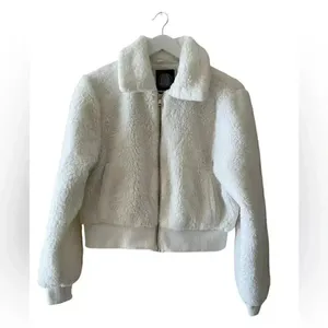 Urban Outfitter Sherpa Fuzzy Zip Up Cropped Ivory Womens Jacket SZ M thumbnail 2