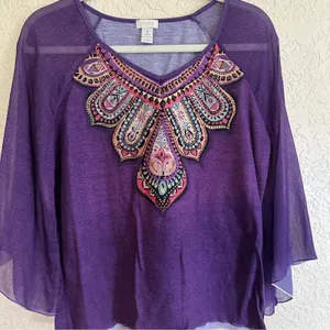 Chico's Top Purple 1‎ Women Embellished Sheer Bell Sleeve Boho thumbnail 4