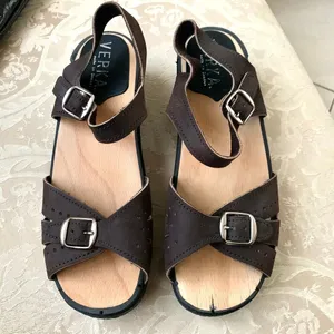 NEW VERKA Swedish Buckle Cutout Detail Leather Low Heel Clogs in Brown thumbnail 2