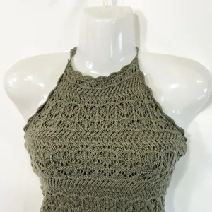 Abercrombie & Fitch XS Halter‎ Top Y2K VTG Crochet Olive Green Cotton Boho 1421 thumbnail 3