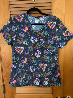 Star Wars Gray The Dark Side colorful Mock Wrap Printed Uniform Scrub Top Size M thumbnail 2