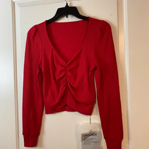 Vptianch Ribbed Red Long Cuff Sleeve V-Neck Ruched Women’s Large Top thumbnail 4
