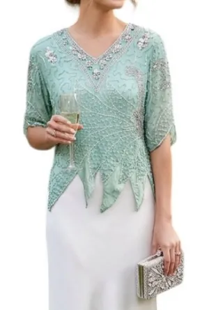 Handmade Vintage 90s Beaded Sequin Seagreen Fairycore Asymmetrical Hem Formal blouse thumbnail 1