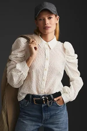 Maeve Anthropologie M White Gingham Seersucker Button-Front Long Puff Sleeve thumbnail 1