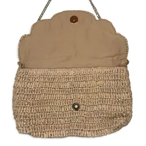 NWOT J.Crew Raffia Straw Small 9 x 6" Purse or Clutch Bag Pearls Gold Chain thumbnail 5