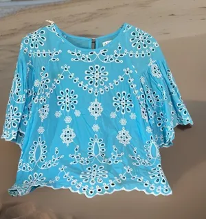 Sky Blue Eyelet Top Scalloped Bell Sleeves Studio JPP Womens Medium thumbnail 1