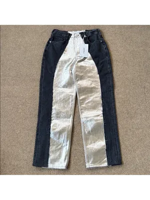 NWT FRAME Pieced Metallic Silver Black Straight Leg Jeans Size 26 Retail $448 thumbnail 7