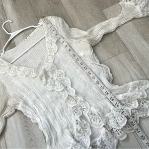 Romantic Bohemian Blouse crinkle pleat lace womens White one size cottage fairy thumbnail 6