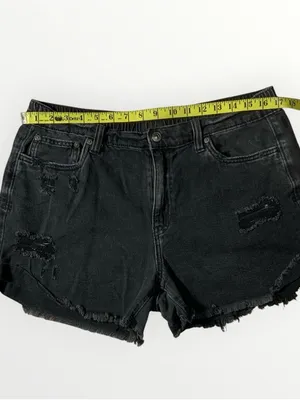 Aerie Black Denim Elastic Waist Distressed Boyfriend Shorts Sz Large #273 thumbnail 2