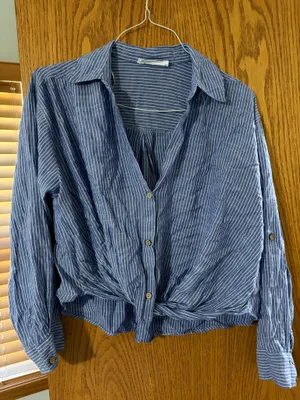 Double Zero Button-Up Twist-Hem Striped Blouse thumbnail 1