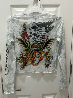 Ed Hardy Dragon Dagger white mesh long sleeve crop top Large Y2K thumbnail 4