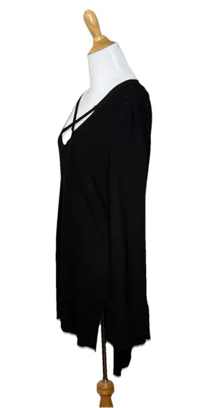 Free People Criss Cross Front Sweater Hi Lo Hem Slit Sleeve Cuffs Black Sz Large thumbnail 2
