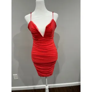Hello Molly popping champagne Coral Ruched V Neck Spaghetti‎ Strap Mini Dress L thumbnail 2