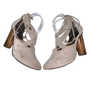 Free People Taupe Nouvella Criss Cross Wrap Chunky Heel Suede Leather Sz 38/6.5‎ thumbnail 6