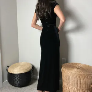 vintage 90s black velvet floral glitter boatneck fitted slit maxi dress gown thumbnail 5