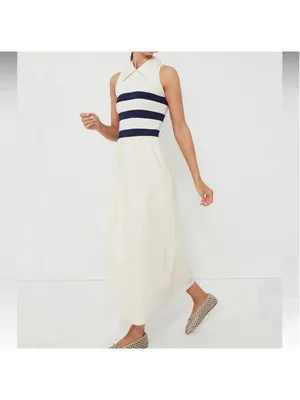 Tuckernuck Ivory Stripe Marina Midi Dress Small Collared Coastal Nautical Prep thumbnail 3