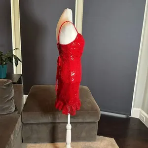 Women’s Red Sequined Short Homecoming Party Dress Ruffle Hem Corset Back Size 2 thumbnail 3