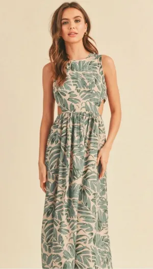 MIOU MUSE Isla Tropic Cutout Dress Green/Cream Size Small thumbnail 1