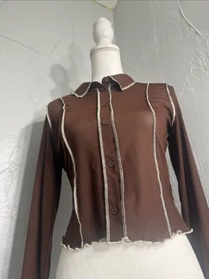 Divided Dark Brown Long-Sleeve Button-Down Top with Contrast Seams thumbnail 6