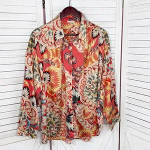 Jodifl Boho‎ Printed Satin Button Up Blouse Shirt Orange Multi Large thumbnail 8