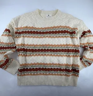 Betsey's Boutique Shop Striped Open Knit Crewneck Sweater Cream XL 54681 thumbnail 1