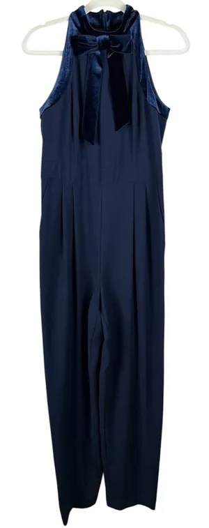 1901 Women's Velvet Trim Halter Jumpsuit with Bow Dark Blue‎ Size 8 Ultrachic thumbnail 1