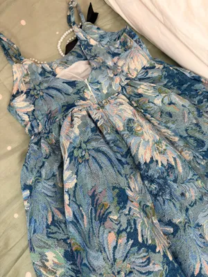 Blue White Floral Jacquard Mini Dress Square Neck Bow Pearl（only ONE‼️ BOW) thumbnail 6
