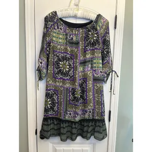 Women’s XL Purple Olive Patchwork Print Tunic Dress Ruffle Hem Tie Sleeves Boho thumbnail 10