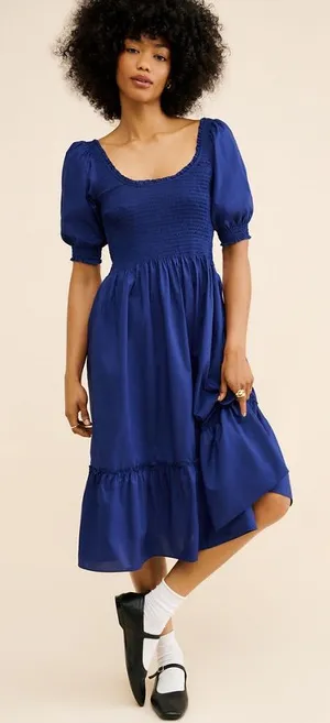 Hill House The Louisa Nap Dress Cobalt Blue Smocked Puff-Sleeve Midi Dress - M thumbnail 1