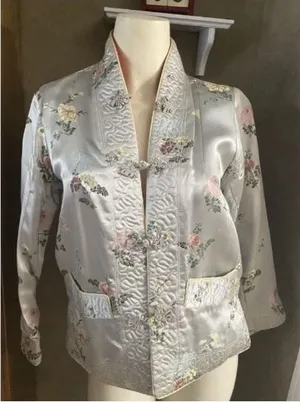 Peony Chinese Vintage‎ Satin Quilted Reversible Jacket Blue & Cream Floral Print thumbnail 1