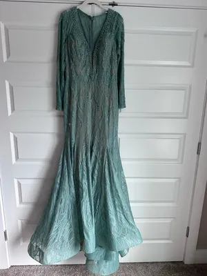Mac Duggal 79291 Beaded Illusion Long Sleeve Plunge Neck Gown NWT 10‎ Sage thumbnail 4
