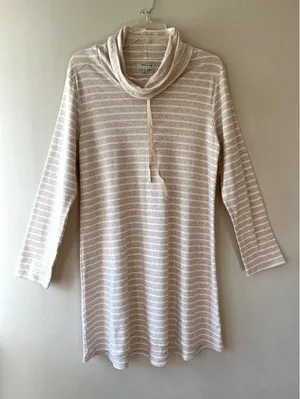 Anne Klein Sz M Funnel Neck Beige Striped Stretch Knit Sweater Dress Pullover thumbnail 1