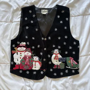Vintage Christmas Vest Black Velvet Snowman Plaid Snowflake Medium Holiday 90s thumbnail 1