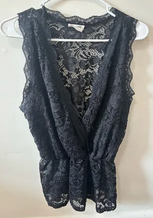 Lace Surplice Sleeveless Top - Black thumbnail 1