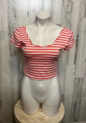Crop Top Womens Medium Coral Pink White Striped Scoop Neck Short Sleeve thumbnail 1