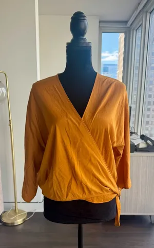 Express Mustard Yellow 3/4 Sleeve Silky Wrap Front Blouse Size Medium thumbnail 1