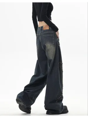 NEW Street Fashion Loose Jeans Y2k Rivet Star Gothic Loose Denim XS thumbnail 8