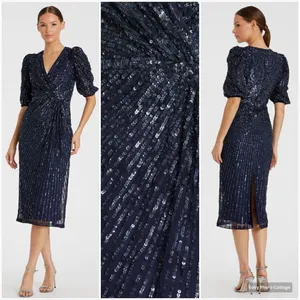 Mac Duggal 5578 Womens Sequined V Neck Short Puff Sleeve Midi Dress thumbnail 2