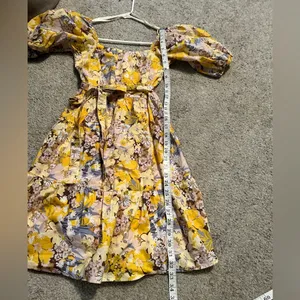 Sim & Sam Yellow Floral Puff Sleeve Tiered Mini Dress Smocked‎ Back XS thumbnail 5