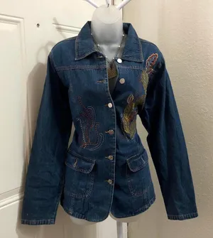 Unique 2000s Y2K Navy blue Embroidered jean denim fitted jacket floral leaf design #boho #hippie #indie #western Excellent condition, measurements in pics 100% cotton thumbnail 2