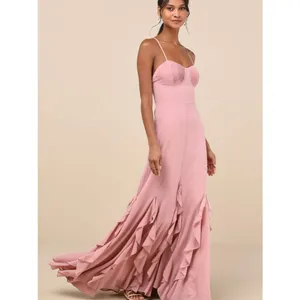 Lulus Priela Pink Ruffled Lace-Up Maxi Dress Size Medium NWT Whimsical Formal thumbnail 3