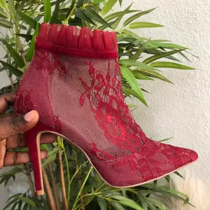 Red mesh high heel ankle 4” stiletto heels boots booties lace detail and ruffle trim - US Women 7.5 Very comfortable & sturdy to walk #whimsygoth #grunge #romantic #coquette thumbnail 1
