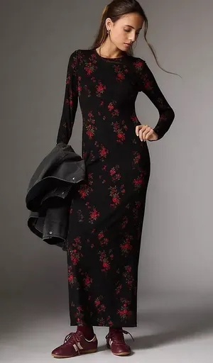 Reformation Robbie Knit Maxi Dress Black‎ Red Floral Rose Long Sleeve Small NEW thumbnail 1