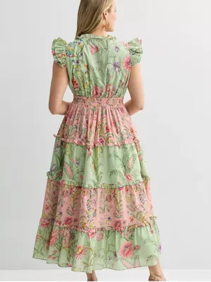 NWOT Floral Tiered Maxi Dress in Mint & Blush thumbnail 3