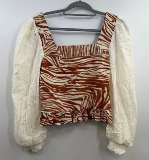 Anthropologie Love The Label Zebra Eyelet Puff Sleeve Smocked Blouse M thumbnail 1