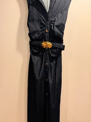 NWOT Zara Navy Blue Denim Button Front Sleeveless Midi Shirt Dress Gold Belt S thumbnail 5