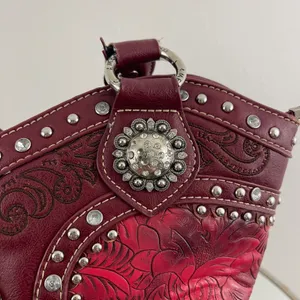 Y2K Red Burgundy Faux Tooled Leather Western Studded Shoulder Bag thumbnail 7