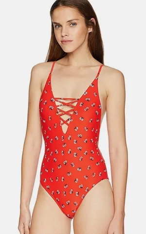 👙🔥 Billabong‎ Chili Red Lace-Up One Piece Swimsuit Small S Beachwear 🔥👙 thumbnail 1