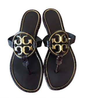 Tory Burch Metal Miller Croc Embossed Brown Sandals 8.5 thumbnail 1